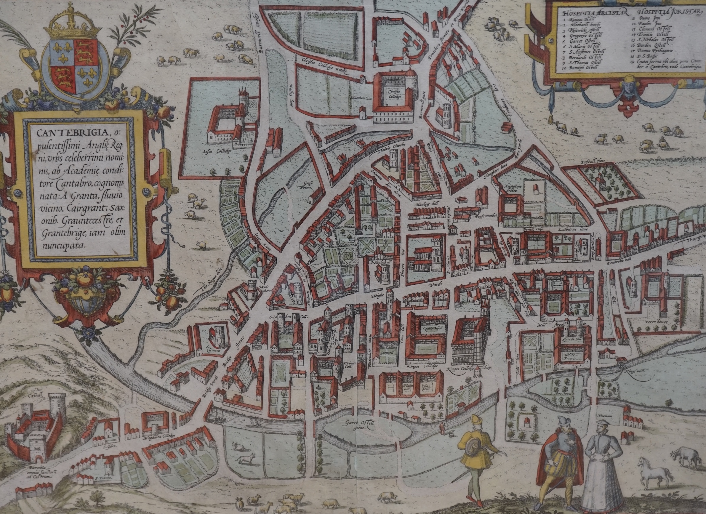 After Georg Braun (1541-1622), hand coloured engraved map of Cambridge, 33 x 45cm. Condition - fair
